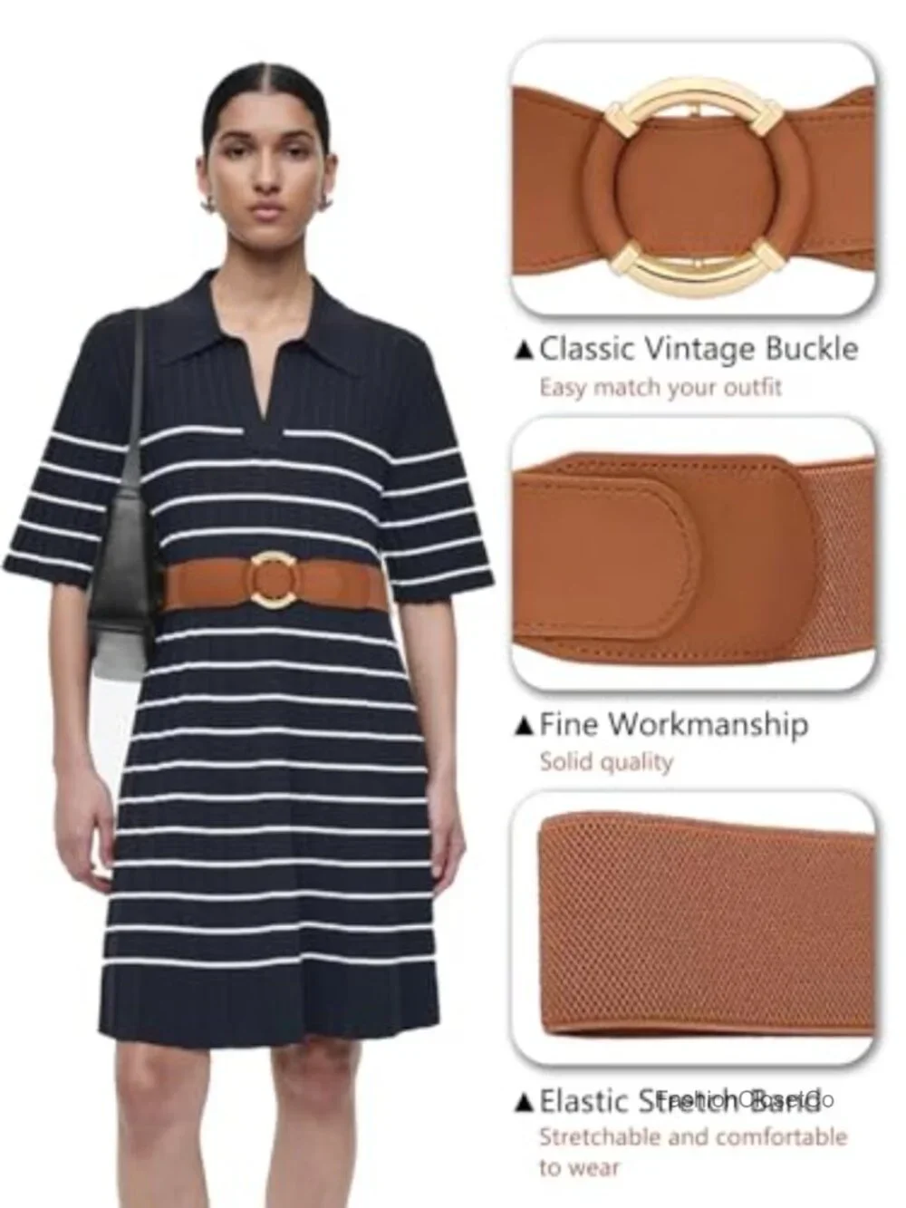 Women Elastic Stretch Waist Belt Faux Leather Metal Buckle